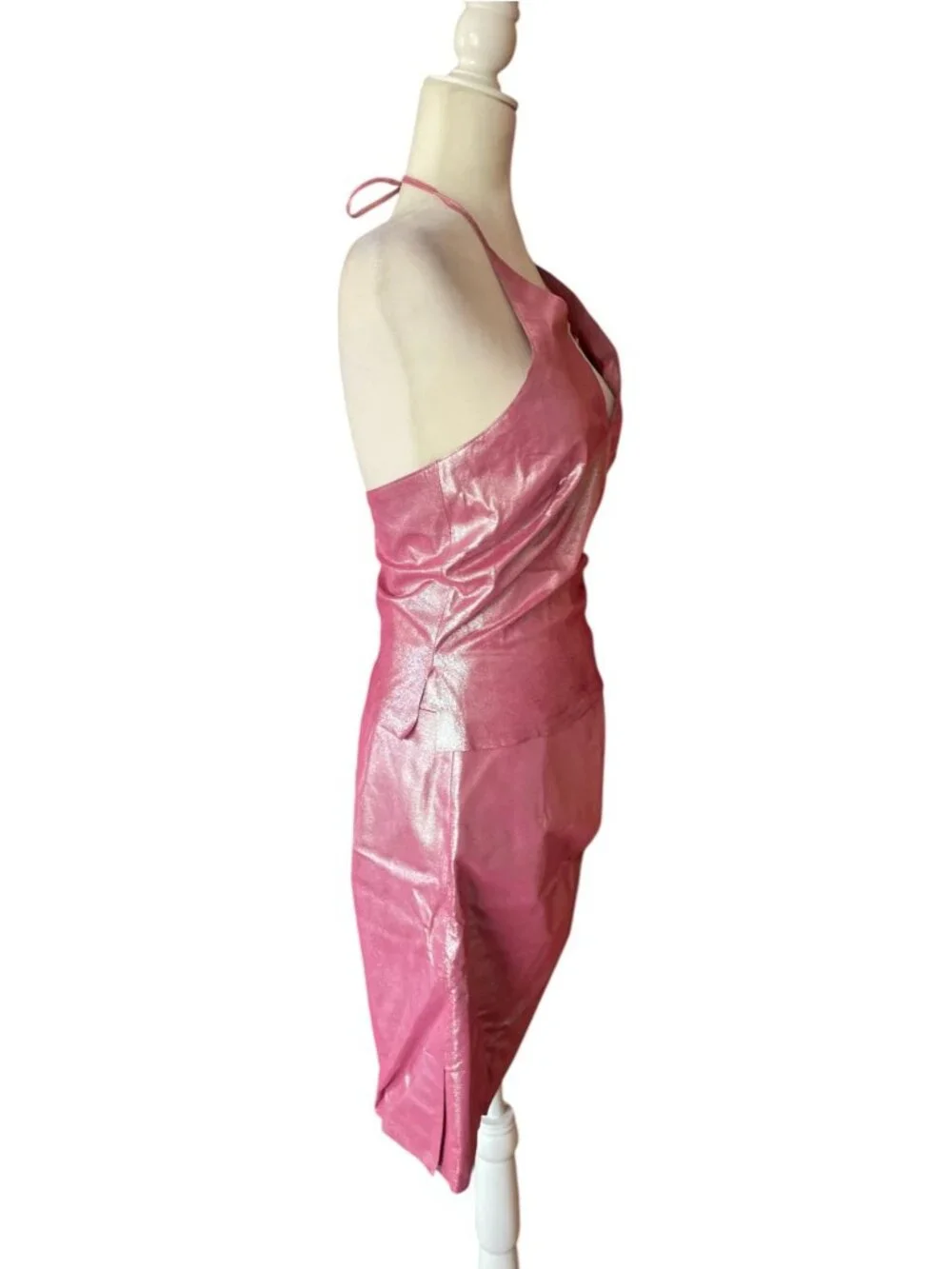 Rare Vintage Y2K Express Hot Pink 100% Leather Halter Top Skirt Set Sz XS Fest - Picture 6 of 16